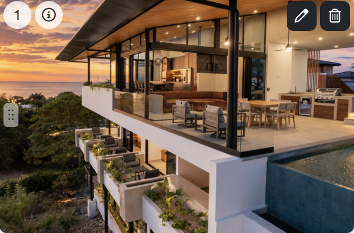 Casa Wood in Playa Langosta, is a modern multi-story casa wood house with glass walls, outdoor seating, infinity pool, and ocean view at sunset.